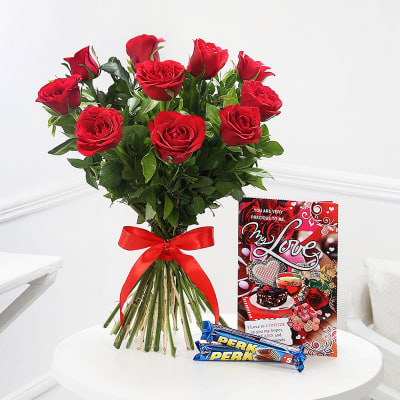 Bunch of 10 Roses with 2 Bars of Perk Chocolate & Love Card