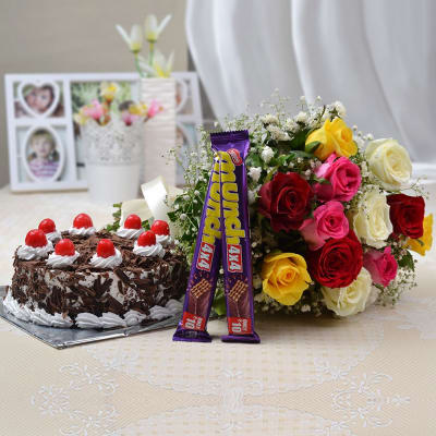 Bunch of 12 Mix Roses with Munch & Black Forest Cake (Half Kg)