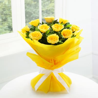 Bouquet of 10 Yellow Roses in Tissue Wrapping
