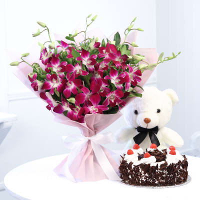 Bouquet of 6 Orchids with Half Kg Black Forest Cake & 12 Inch Teddy