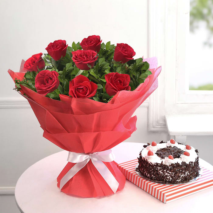 Bouquet of Red Roses with Black Forest Cake-Oz