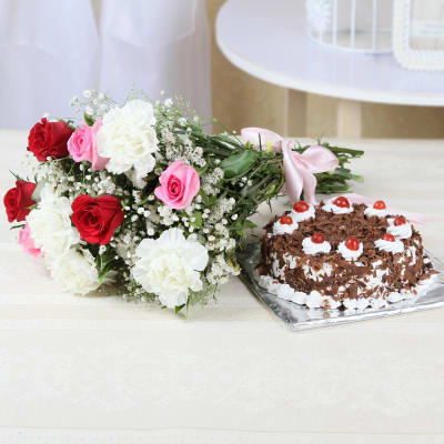 Bunch of 10 Mix Flowers with 1 Kg Black Forest Cake