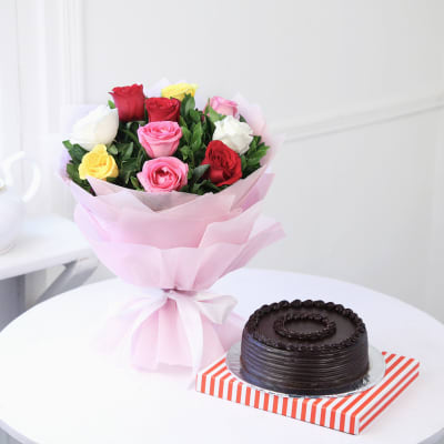 Bunch of 10 Mix Roses with Chocolate Cake (Half Kg)
