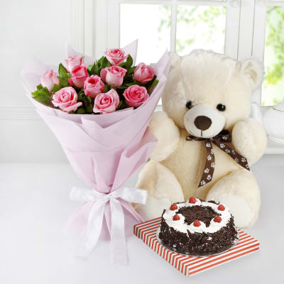 Bunch of 10 Pink Roses & Half Kg Black Forest Cake with 12 Inches Teddy