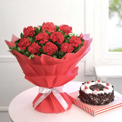 Bouquet of Mix Flowers with Round Black Forest Cake