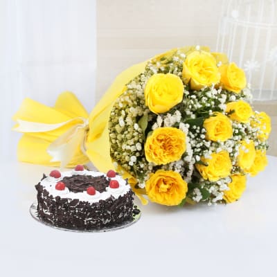 Bunch Of 12 Yellow Roses with Half Kg Round Black Forest Cake