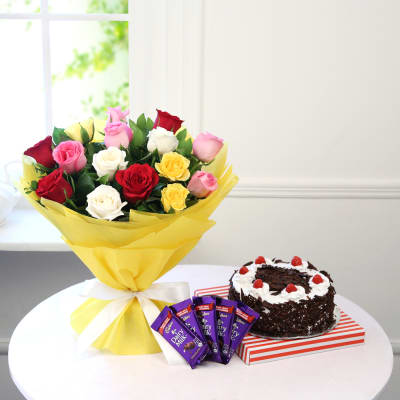 Bunch of 15 Mix Roses with Black Forest Cake & Chocolate Bars