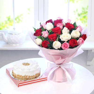 Bunch of 25 Mix Roses with Butterscotch Cake (Half Kg)