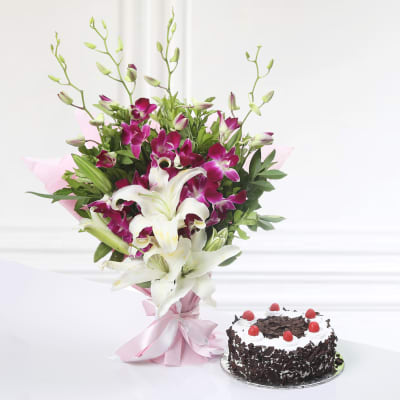 Bunch of 4 Purple Orchids & 2 Lilies with Black Forest Cake