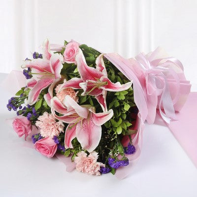 Bouquet of Mix Flowers with Round Black Forest Cake