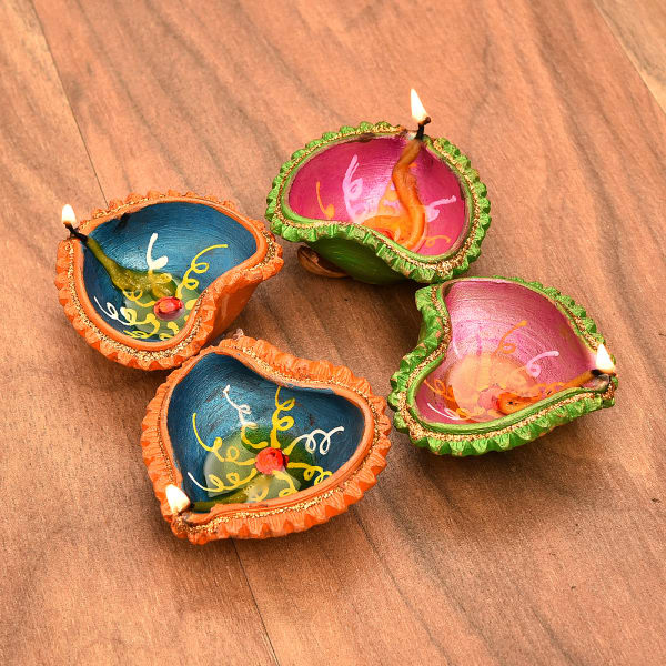 Colorfully Painted Clay Diyas with Almonds Pack