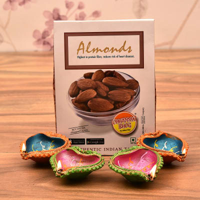 Colorfully Painted Clay Diyas with Almonds Pack