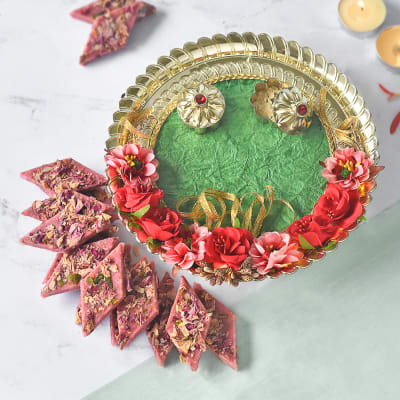 Decorative Puja Thali with Rose Kaju Katli