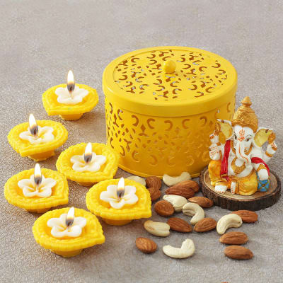 Diyas with Assorted Dry Fruits and Ganesh Idol