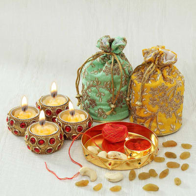 Gold Plated Puja Thali with Diyas & Dry Fruits
