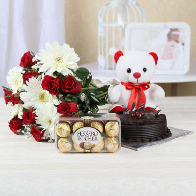 Half Kg Chocolate Cake with 15 Mixed Flowers & Ferrero Rocher Box