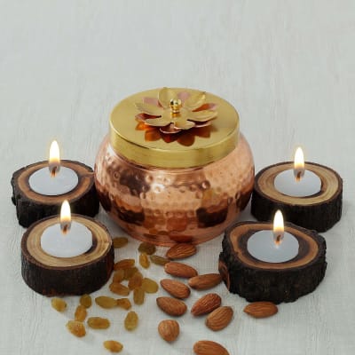 Metal Box with Assorted Dry Fruits and Diyas