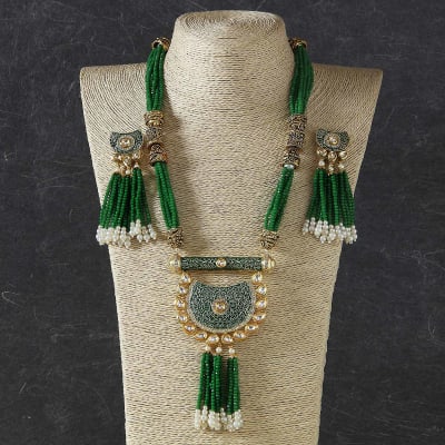 Rajasthani Traditional Thewa Work Necklace Set with Green Jade Stone