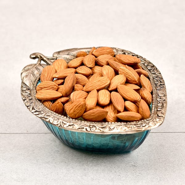 White Metal Bowl with Almonds and Greeting Card